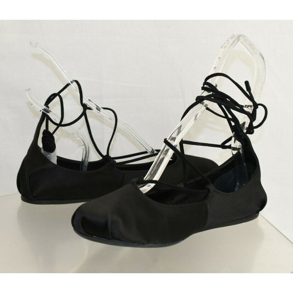 NIB PRADA 1F657H BLACK CANVAS SATIN ANKLE WRAP LACE BALLERINA FLATS 37.5 ITALY - Picture 1 of 12